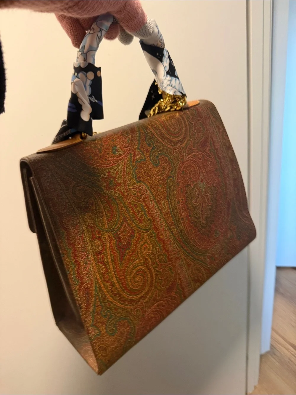 Etro Milano -Textured Brown Satchel with Scarf-Wrapped Handle and Gold Chain